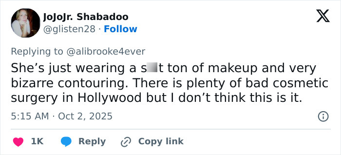 Tweet discussing cosmetic surgery controversies in Hollywood with reference to plastic surgeons in LA.