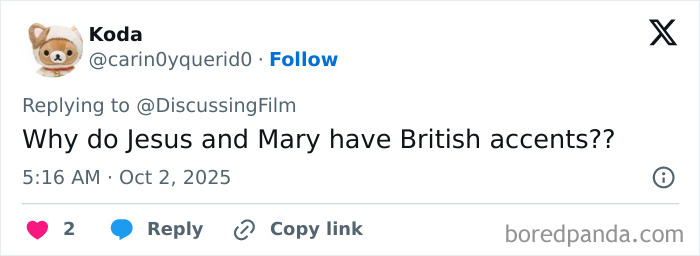 Tweet questioning why Jesus and Mary have British accents, related to Nicolas Cage starring as Jesus' dad in new horror film. Tweet questioning why Jesus and Mary have British accents, related to Nicolas Cage starring as Jesus' dad in new horror film.