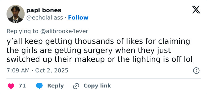 Tweet discussing plastic surgery rumors amid makeup and lighting, relating to arrest every plastic surgeon in LA topic.