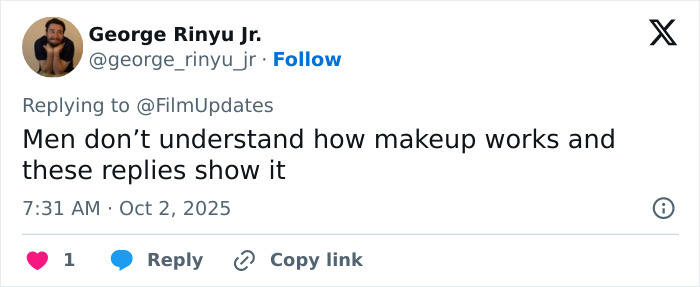 Screenshot of a tweet by George Rinyu Jr. commenting on makeup, related to plastic surgeon topics in LA.