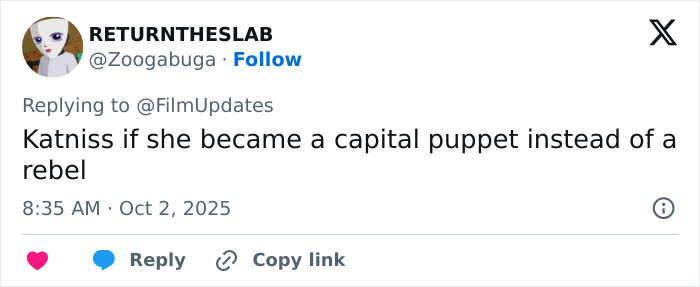 Tweet by RETURNTHESLAB discussing a fictional scenario of Katniss as a capital puppet instead of a rebel.