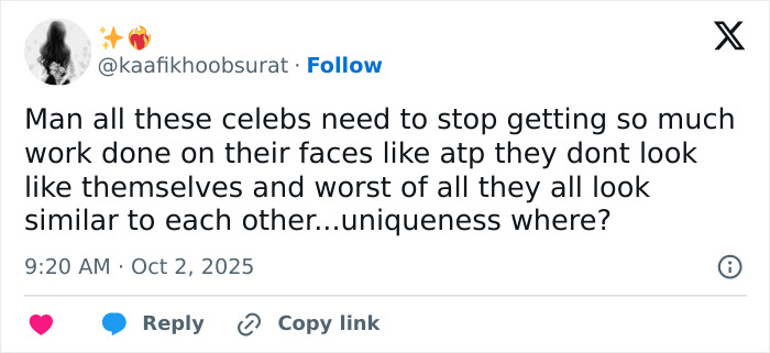 Tweet about celebrities needing to stop plastic surgery, mentioning similarity concerns and uniqueness loss in LA.