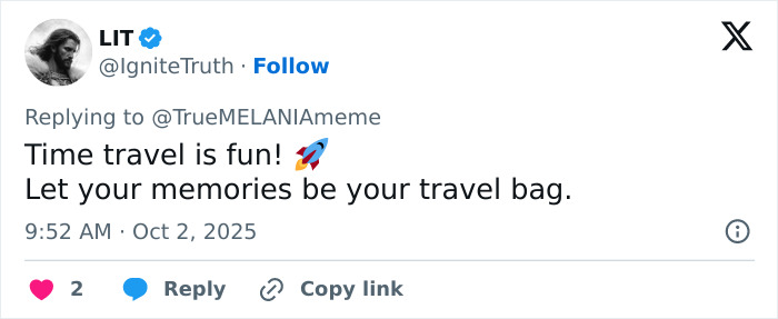 Screenshot of a tweet mentioning Melania Trump&rsquo;s bizarre AI video sparking a major conspiracy theory online.