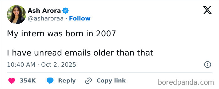 Tweet by Ash Arora humorously comparing her unread emails to her intern's birth year in a Netflix comment section context.
