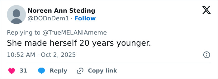 Screenshot of a Twitter reply discussing Melania Trump's bizarre AI video fueling a major conspiracy theory.