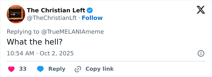 Screenshot of a tweet from The Christian Left questioning Melania Trump's bizarre AI video fueling conspiracy theories.