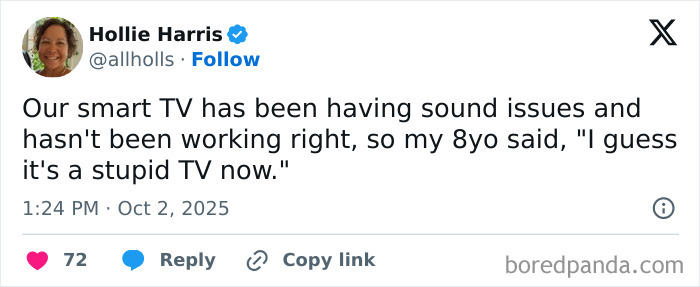 Tweet from a parent sharing a funny comment from their 8-year-old about a smart TV with sound issues on X.