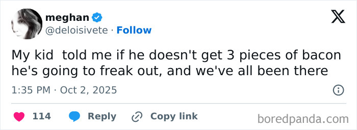 Tweet from a parent humorously sharing a relatable struggle about kid’s bacon cravings, reflecting parents’ October challenges on X.
