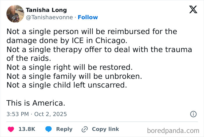 Tweet highlighting the dystopic reality of unaddressed trauma and damage caused by ICE raids in society today.