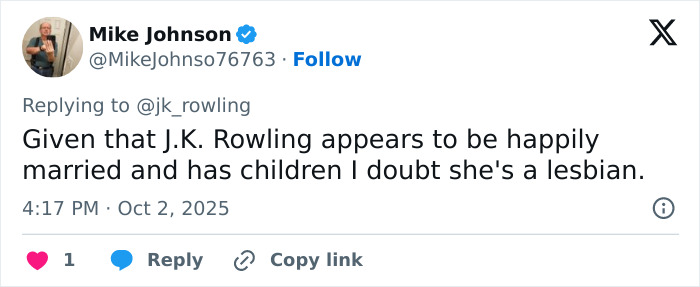 Screenshot of a tweet doubting J.K. Rowling is a lesbian, with humorous reactions to the bet about her sexuality.
