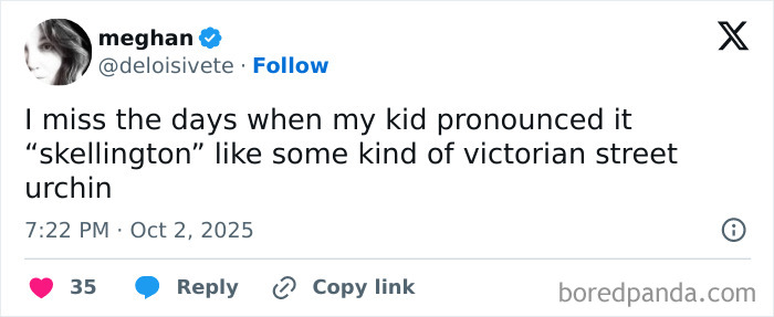 Tweet from Meghan sharing a funny parenting moment about a child's mispronunciation, highlighting parents' humor on X.