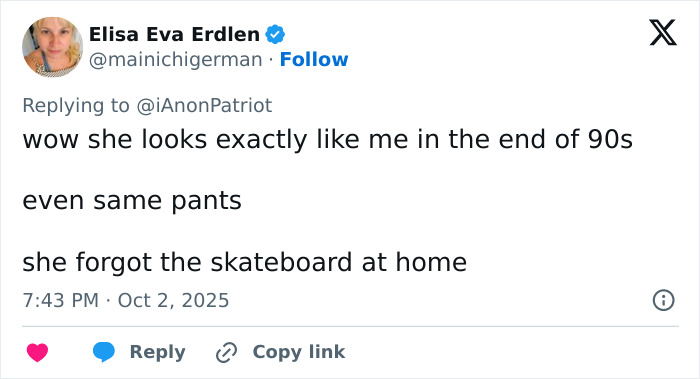 Tweet by Elisa Eva Erdlen comparing her 90s look to Madonna's disheveled Paris appearance in viral video.