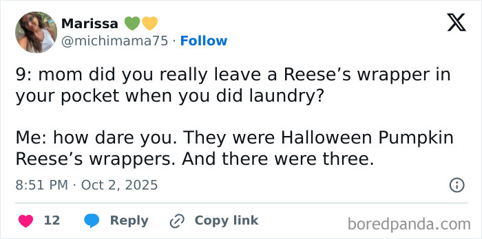 Tweet from a parent sharing a funny Halloween moment with kids on X about Reese’s wrappers after laundry.