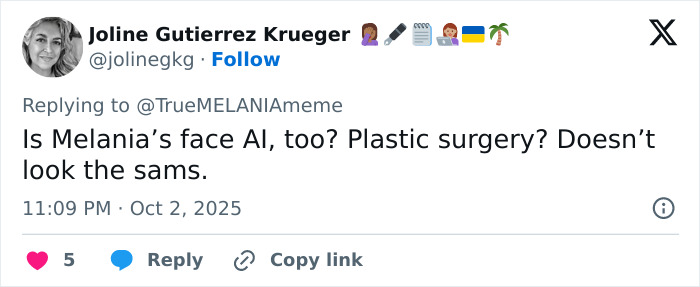 Tweet questioning if Melania Trump&rsquo;s face in the AI video is altered, sparking conspiracy theory discussions online.