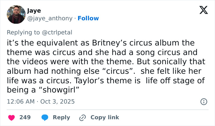 Twitter user discussing Taylor Swift&rsquo;s new album theme about life off stage, related to disappointed fans&rsquo; expectations.