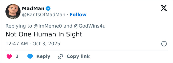 Tweet from user MadMan saying Not One Human In Sight, posted at 12:47 AM Oct 3, 2025 about Paris Fashion Week Hunger Games controversy.