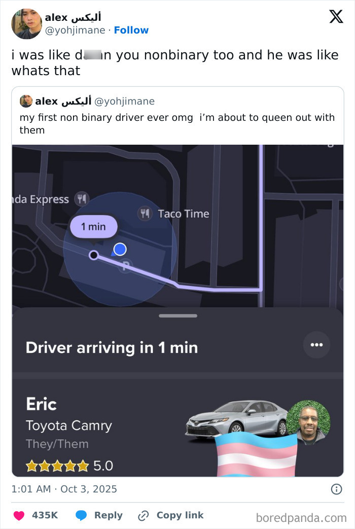 Screenshot of a humorous tweet showing a nonbinary driver arrival with pronouns they/them and a trans pride flag.