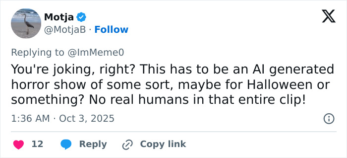 Tweet criticizing a Paris Fashion Week show, calling it an AI-generated horror show with no real humans.