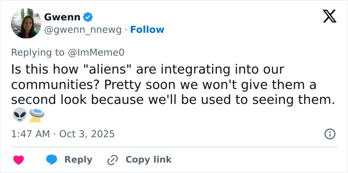 Tweet discussing aliens integrating into communities, with alien and UFO emojis, posted at 1:47 AM on October 3, 2025.
