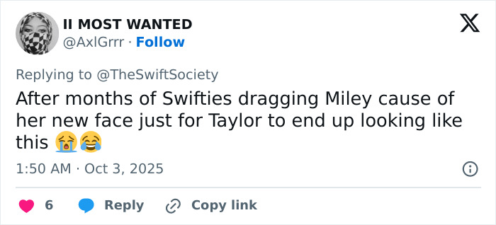 Tweet screenshot commenting on Taylor Swift's look amid album release, comparing her appearance to Caitlyn Jenner.