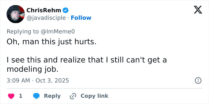 Tweet by user ChrisRehm expressing frustration about not getting a modeling job amid Paris Fashion Week controversy.