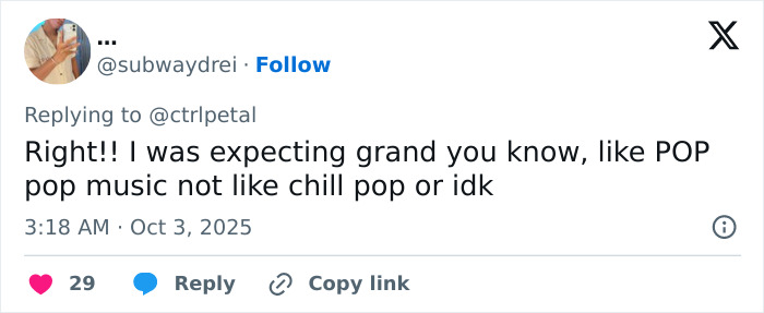 Screenshot of a social media comment expressing disappointment with Taylor Swift&rsquo;s new album not meeting expectations.