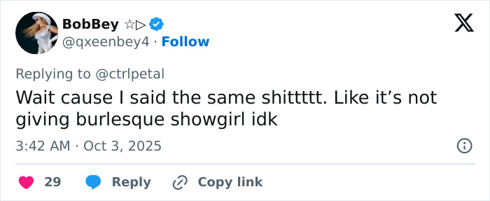 User expressing disappointment that Taylor Swift&rsquo;s new album isn&rsquo;t delivering the expected showgirl vibe.