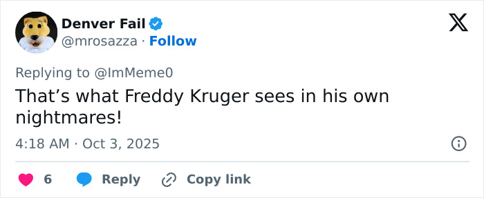 Tweet from Denver Fail reacting to a comment with a Freddy Kruger reference amid Paris Fashion Week controversy.