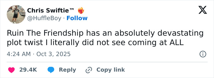 Tweet from a Taylor Swift fan expressing shock over the devastating plot twist in Ruin The Friendship.