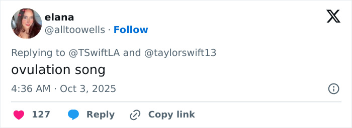 Screenshot of a tweet referencing Travis Kelce&rsquo;s manhood as the theme of a new song by Taylor Swift fans.