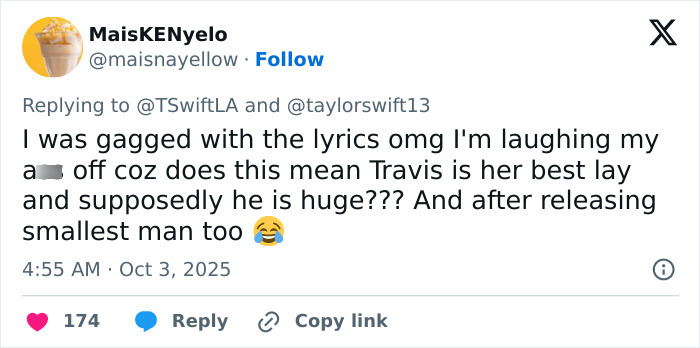 Tweet screenshot showing a fan reacting to lyrics about Travis Kelce&rsquo;s manhood in Taylor Swift&rsquo;s new raunchy song.