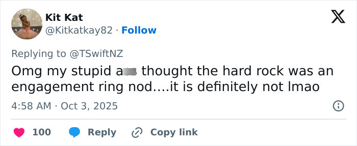 Twitter user reacting humorously to a tweet, discussing a mistaken engagement ring in a message about Travis Kelce&rsquo;s manhood.