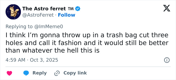 Tweet criticizing a fashion piece, referencing Paris Fashion Week and its boundary-breaking Hunger Games-inspired show.