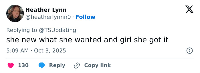 Twitter user Heather Lynn tweeting a comment about Travis Kelce's manhood in Taylor Swift&rsquo;s raunchiest new song.