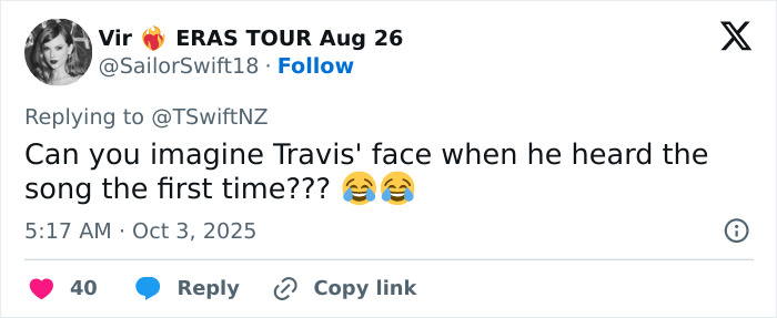 Screenshot of a tweet reacting to Travis Kelce's manhood being the theme of a new raunchy song by Taylor Swift.