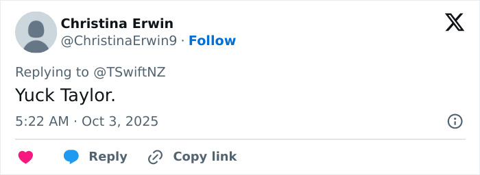 Tweet by Christina Erwin reacting to a song about Travis Kelce's manhood, highlighting fans calling it Taylor Swift's raunchiest track.