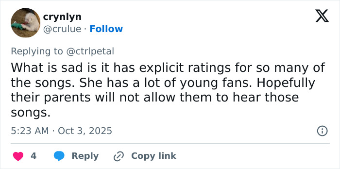 Social media user expressing disappointment about explicit content in Taylor Swift&rsquo;s new album not meeting fan expectations.