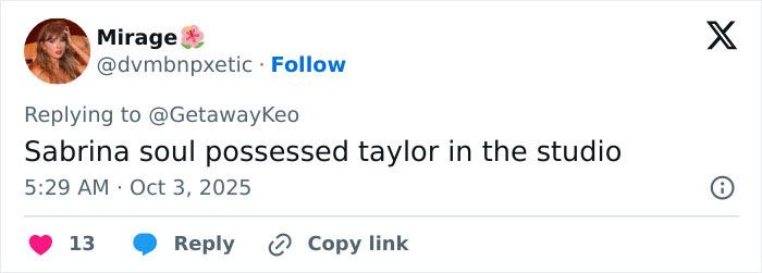 Tweet mentioning Taylor Swift&rsquo;s new song themed around Travis Kelce&rsquo;s manhood, posted by user Mirage.
