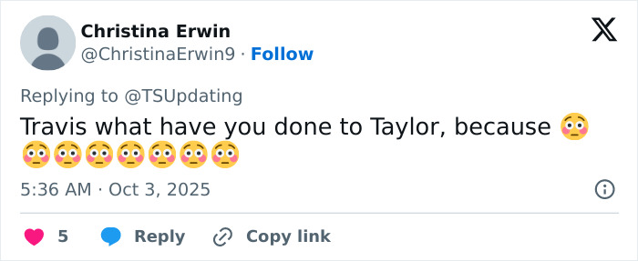 Screenshot of a tweet reacting to Travis Kelce's manhood being the theme of Taylor Swift's raunchy new song.