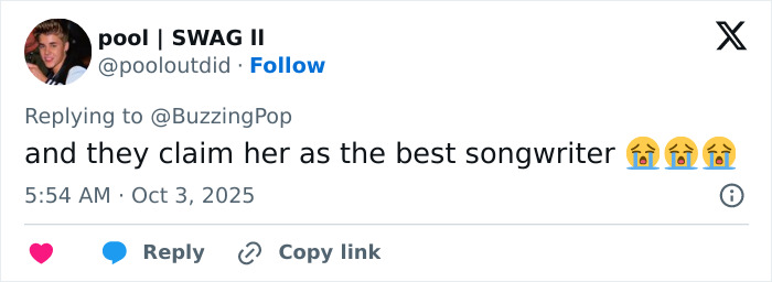 Twitter user pool | SWAG II replying to a tweet about Travis Kelce's manhood theme in a new song by Taylor Swift.