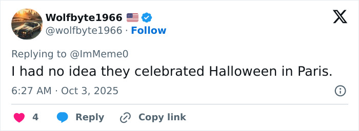 Tweet from user Wolfbyte1966 commenting on Halloween celebrations in Paris, highlighting Paris Fashion Week controversy.