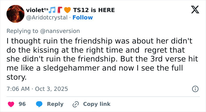 Tweet discussing fan reactions to the meaning behind Taylor Swift's song Ruin The Friendship and its revealed inspiration.