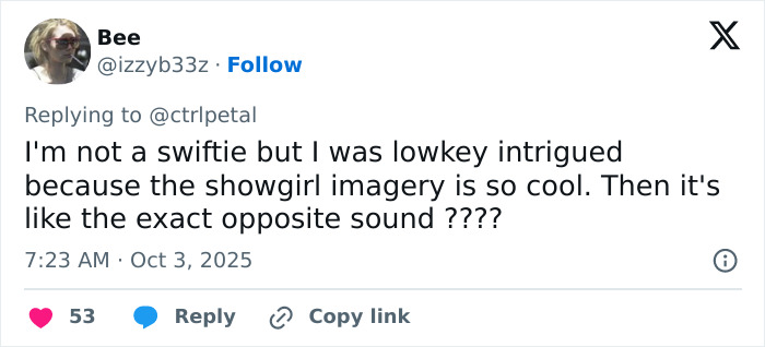 Fan tweet expressing disappointment with Taylor Swift&rsquo;s new album, contrasting showgirl imagery with the sound.