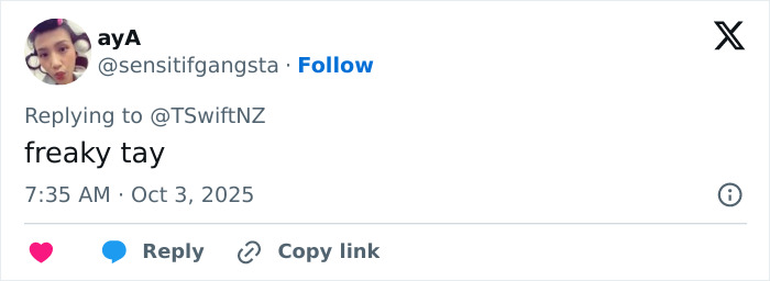 Twitter user ayA replying to a tweet about Travis Kelce's manhood in Taylor Swift's raunchiest new song.