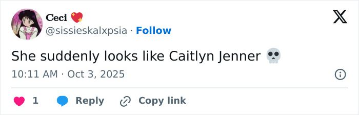 Screenshot of a tweet commenting that Taylor Swift suddenly looks like Caitlyn Jenner amid album release, sparking wild reactions.