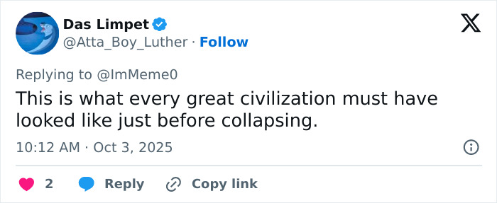 Tweet discussing a civilization&rsquo;s collapse, reflecting on chaos as Paris Fashion Week stirs up controversy with Hunger Games theme.