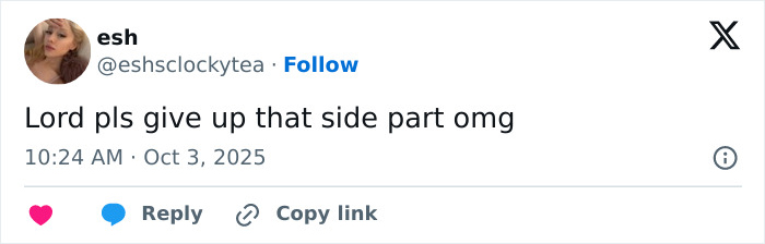 Screenshot of a tweet commenting on Taylor Swift&rsquo;s side part hairstyle resembling Caitlyn Jenner amid album release reactions.