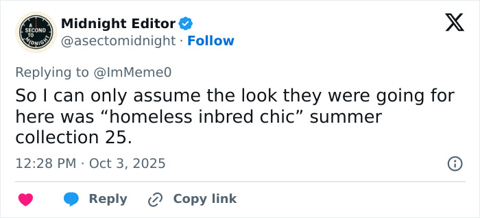 Tweet discussing a controversial fashion look described as homeless inbred chic during Paris Fashion Week.