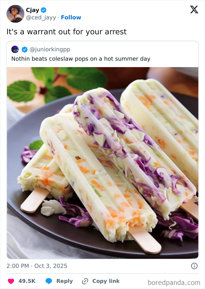 Tweets with hilarious comments about coleslaw popsicles on a hot summer day from October social media posts.