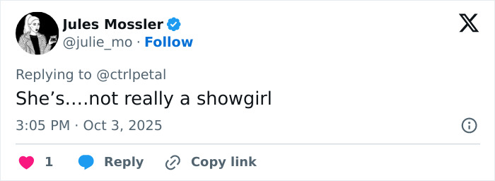 Tweet from Jules Mossler saying not really a showgirl, reflecting disappointed fans on Taylor Swift&rsquo;s new album expectations.